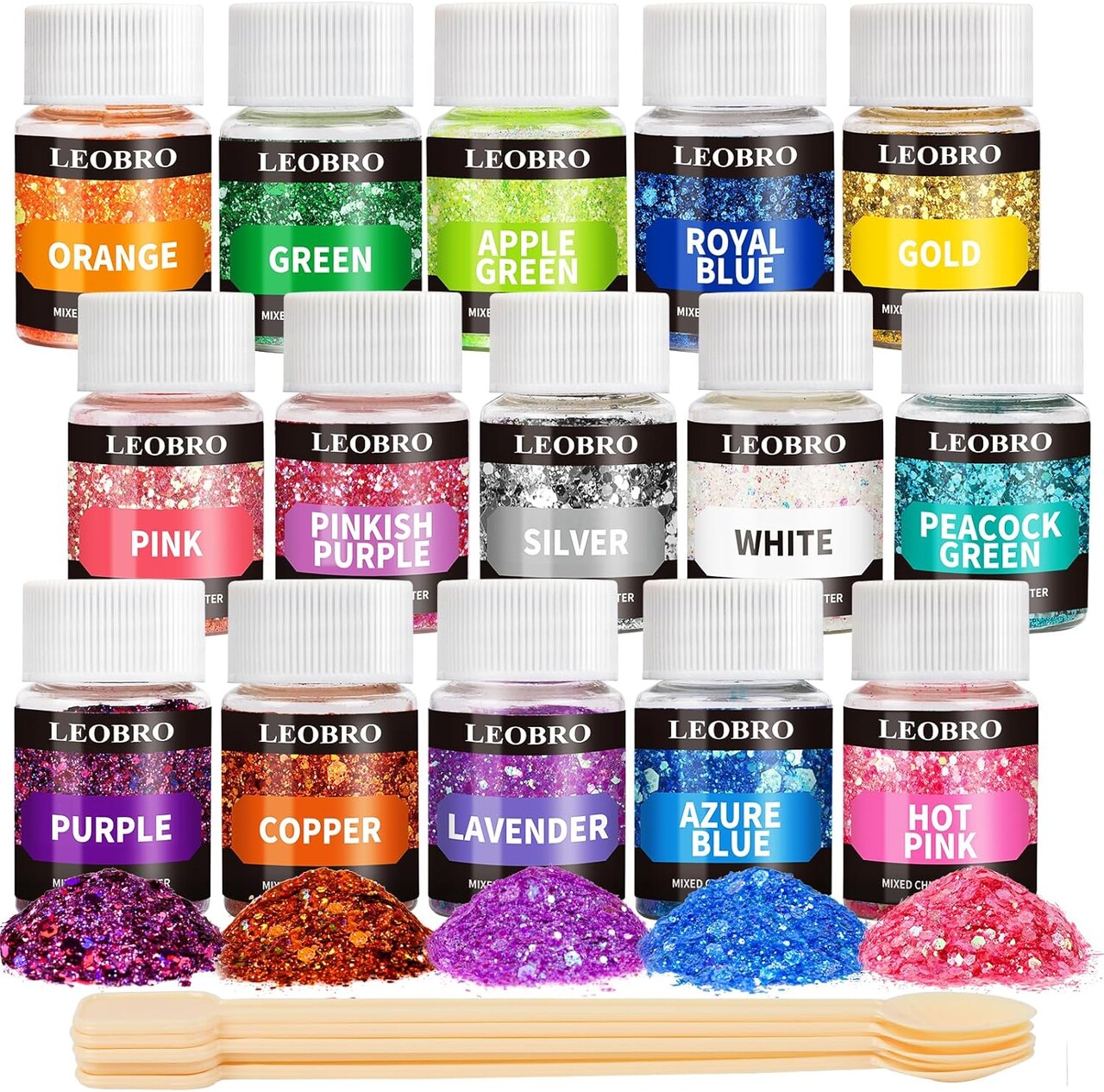 Holographic Chunky Glitter - 15 Colors Craft Glitter for Resin, Nail, Body & Jewelry Arts - With 5 Mixing Spoons